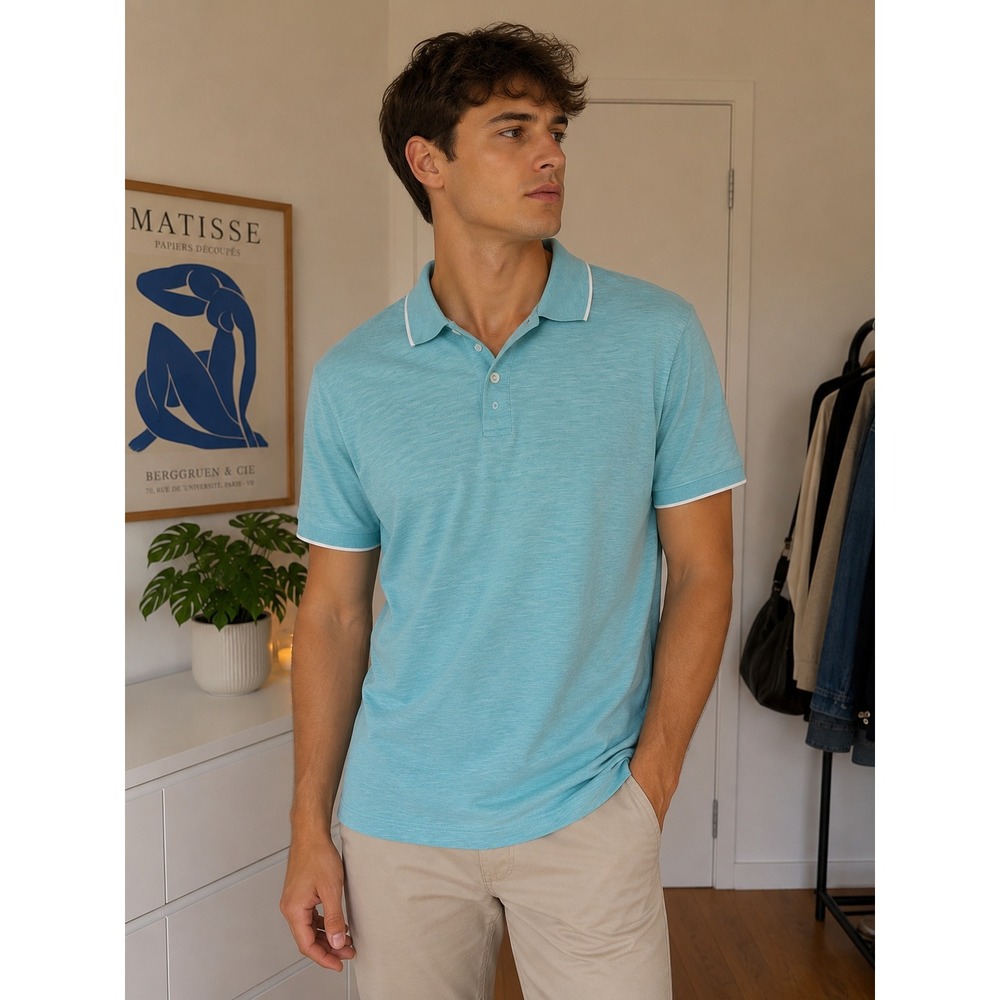 GEORGE Polo Shirt Space Dye Tipped Casual Mens L Blue Good Stretch Streetwear